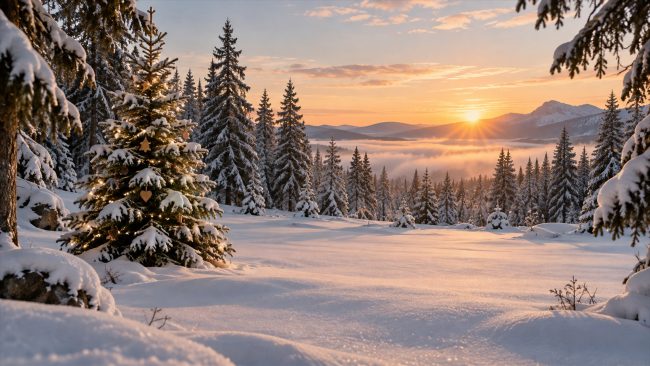 Beleuchteter Tannenbaum auf einer Schneelichtung vor dichtem Wald im Abendlicht