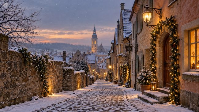 Verschneite Altstadtgasse mit warm beleuchteten Häusern und Weihnachtsgirlanden