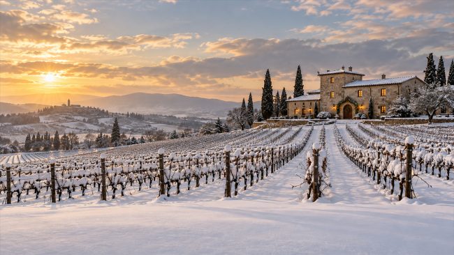Verschneiter Weinberg mit historischem Gutshaus im goldenen Winterlicht