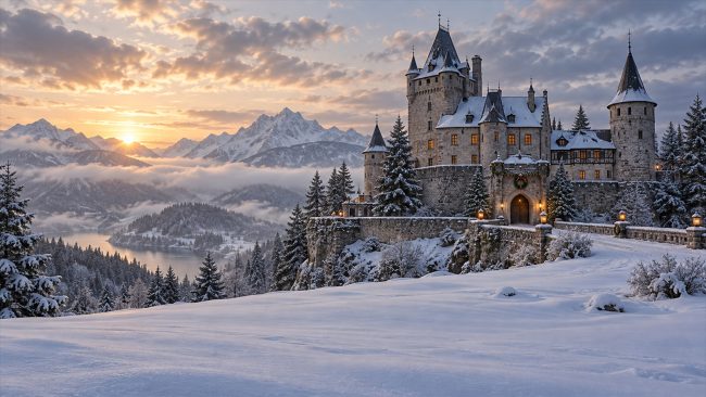 Historisches Schloss in verschneiter Berglandschaft mit warm beleuchteten Fenstern