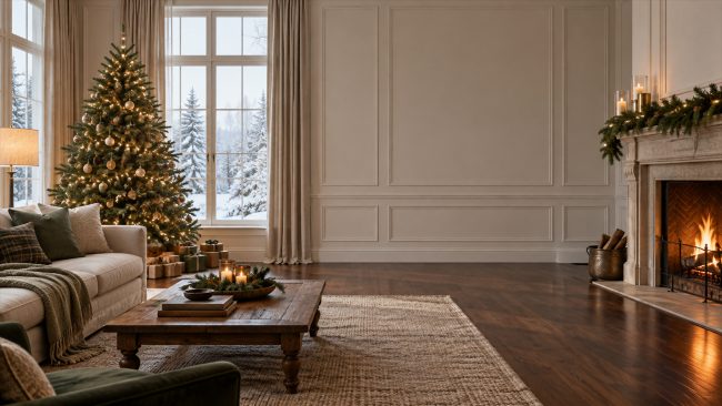 Elegantes Wohnzimmer mit Weihnachtsbaum, Kamin und heller Wandvertäfelung