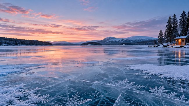 Zugefrorener See mit Eisrissen im Morgenrot, am verschneiten Ufer eine kleine beleuchtete Hütte